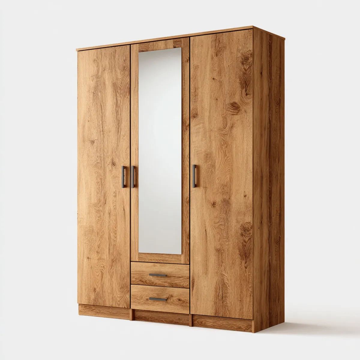 Kleiderschrank Eiche-Optik mit Spiegel und 2 Schubladen aus melaminbeschichteter Spanplatte rechteckig 120 x 52 x 200 cm