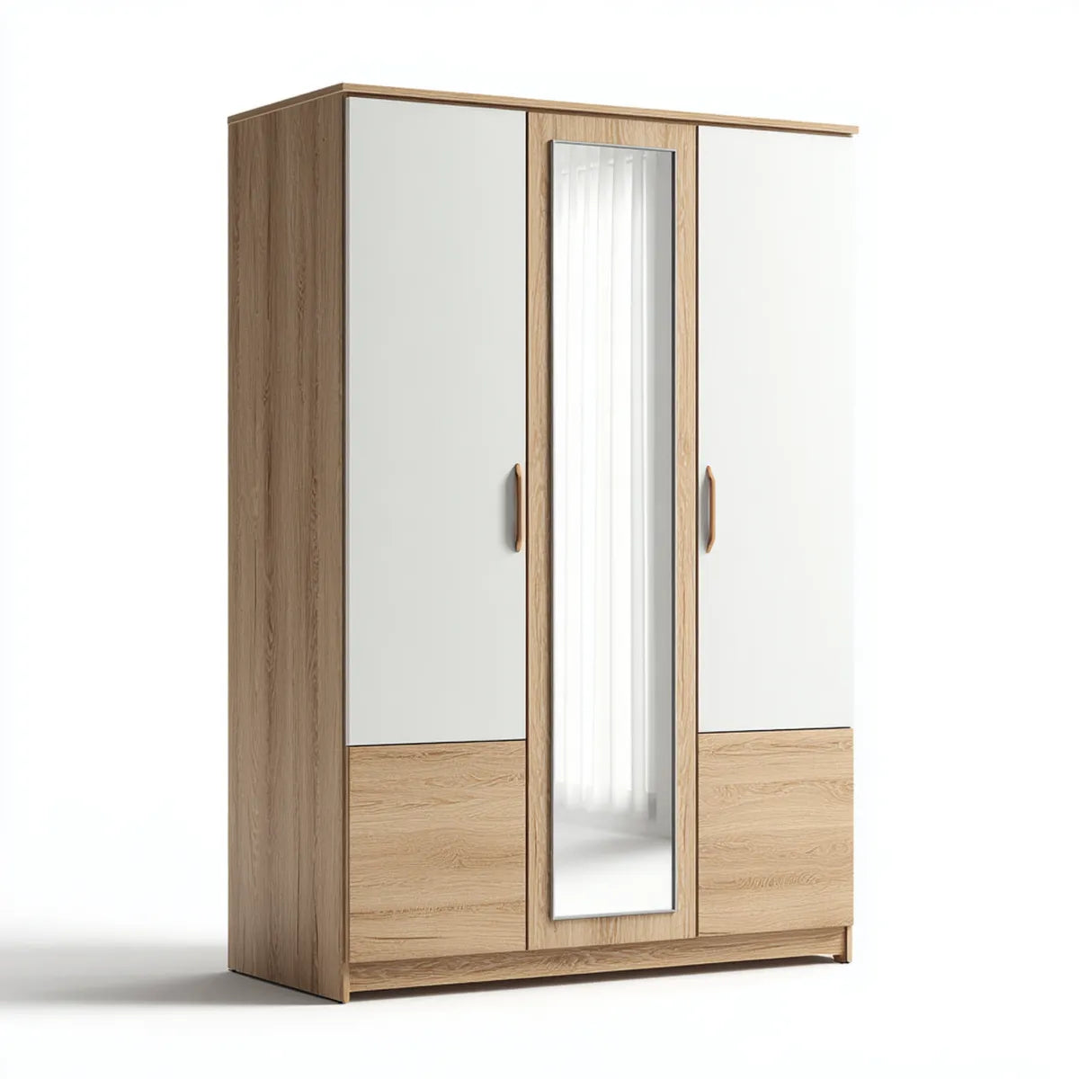 Kleiderschrank Weiß Eiche 3 Türen mit Spiegel Spanplatte rechteckig 120 x 52 x 200 cm