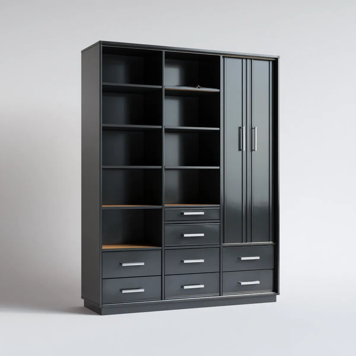 Kleiderschrank Schwarz 150 x 55 x 200 cm aus melaminbeschichteter Spanplatte mit 2 Drehtüren 9 offenen Fächern und 8 Schubladen