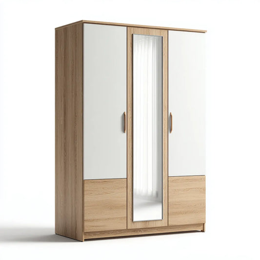 Kleiderschrank Weiß Eiche 3 Türen mit Spiegel Spanplatte rechteckig 120 x 52 x 200 cm