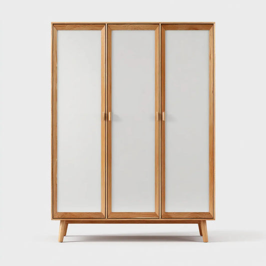 Drehtürenschrank Eiche Natur Weiß 150 x 55 x 200 cm Massivholz rechteckig mit 3 Türen