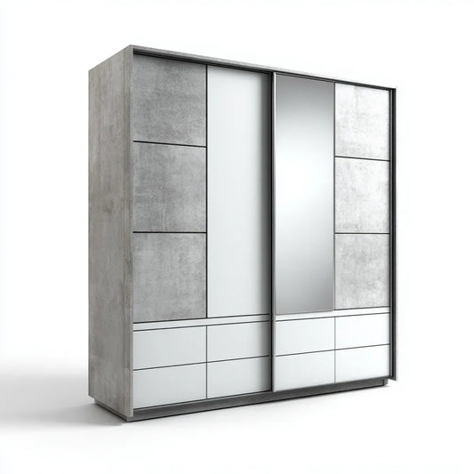 Schwebetürenschrank Betonoptik Grau mit Spiegel 200 x 60 x 220 cm Spanplatte rechteckig