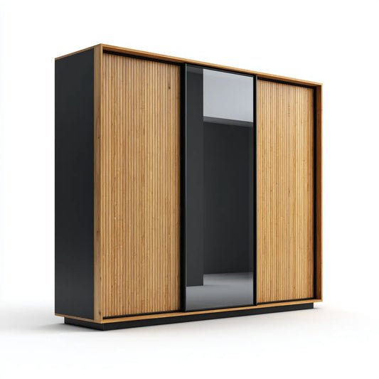 Schwebetürenschrank Schwarz Natur 200 x 60 x 200 cm mit Bambusfront und Spiegel rechteckig