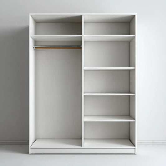 Kleiderschrank Weiß 100 x 50 x 200 cm aus melaminharzbeschichteter Spanplatte mit 5 Regalfächern und Kleiderstange rechteckig
