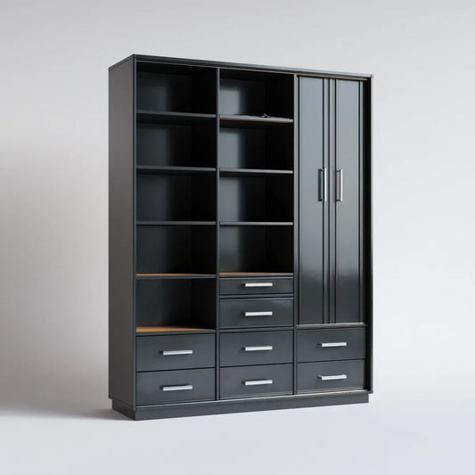 Kleiderschrank Schwarz 150 x 55 x 200 cm aus melaminbeschichteter Spanplatte mit 2 Drehtüren 9 offenen Fächern und 8 Schubladen