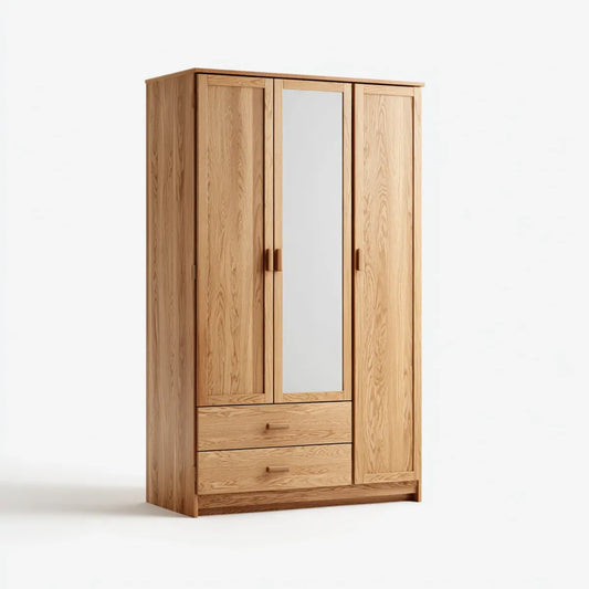Drehtürenschrank Eiche natur 150 x 60 x 200 cm Massivholz rechteckig mit Spiegel und 2 Schubladen
